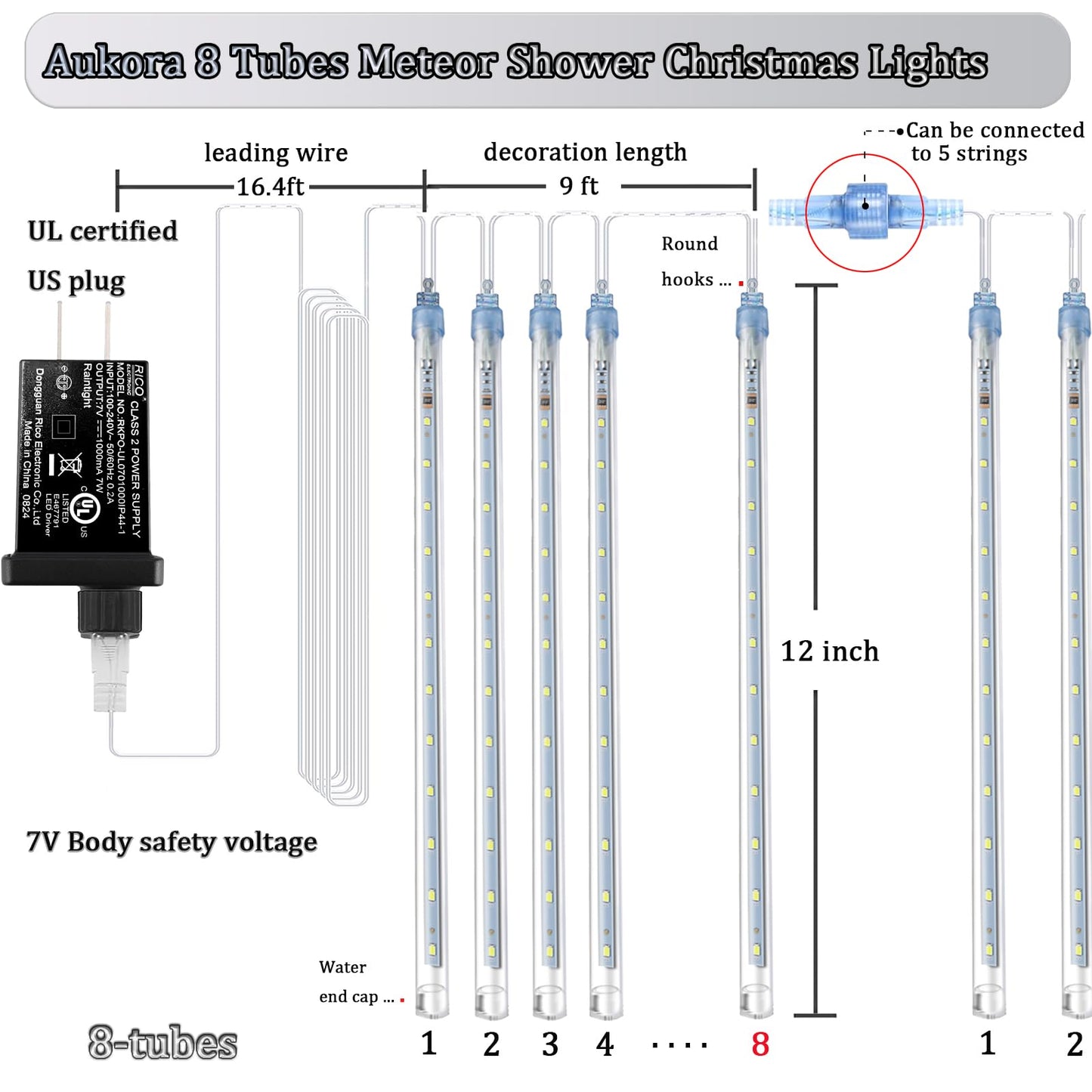 Aukora Rain Drop Lights, LED Meteor Shower Lights 11.8 inch 8 Tubes 192leds, Icicle Snow Falling Lights for Xmas Wedding Party Holiday Garden Tree Christmas Thanksgiving Decoration Outdoor (White)