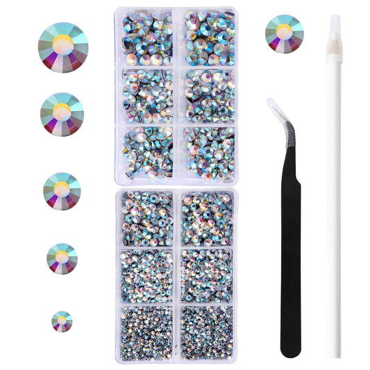 MEIBITE 6796PCS Crystal Ab Hotfix Rhinestones Crystal Stones Glass for Fabric Clothes Shirts Sparkly Flat Back Round with Tweezers and Picking Pen (SS6~SS30 Set)