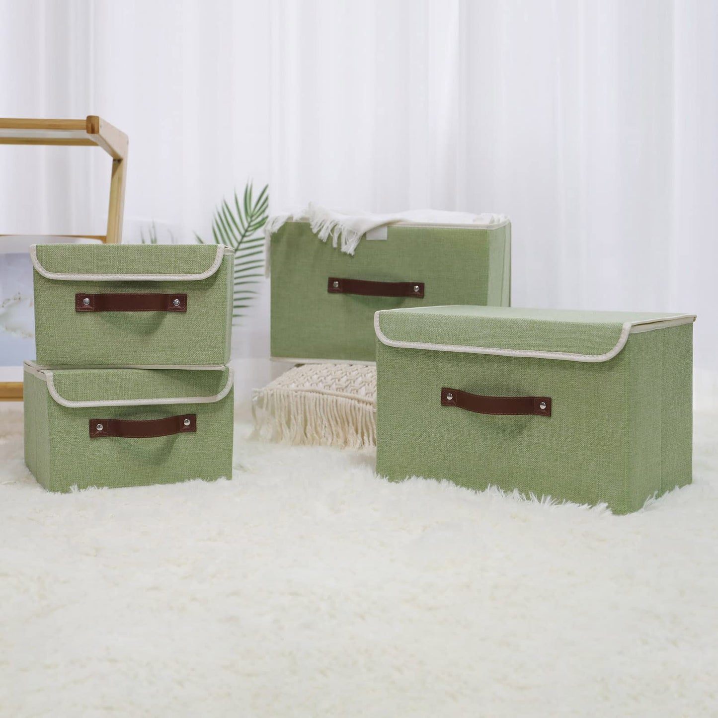 Storage Bin with Lid Storage Boxes with PU Leather Handles PP Plastic Board Decorative Foldable Lidded Cotton Linen Fabric Home Cubes Baskets Closet Organizer Container - Green, Small Size
