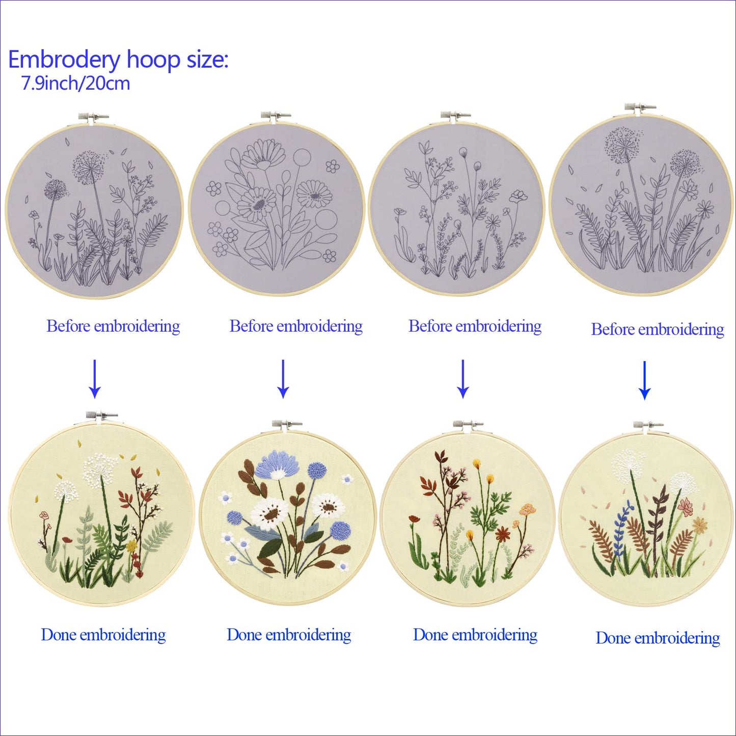 4 Sets Embroidery Set for Beginners, Art Craft, Easy Sewing Embroidery Kit Includes Embroidered Clothes with Patterns, Embroidery Hoops, Instruction Manual, Colorful Stitch Set (2 Most)