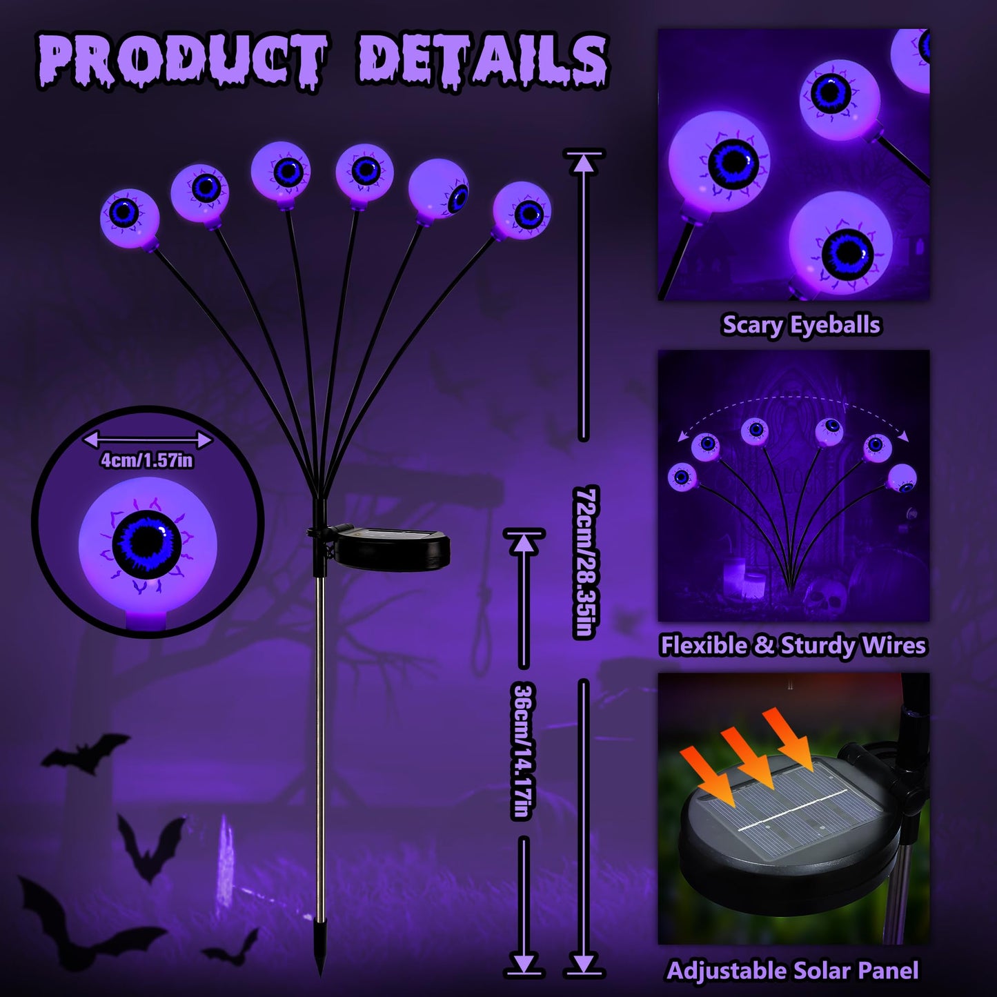Brizled Purple Solar Halloween Lights, 2 Pack Total 12 LED Halloween Eyeball Lights, 2 Modes Outdoor Purple Swaying Firefly Light Waterproof Scary Pathway Lighting for Outside Garden Yard Lawn Path