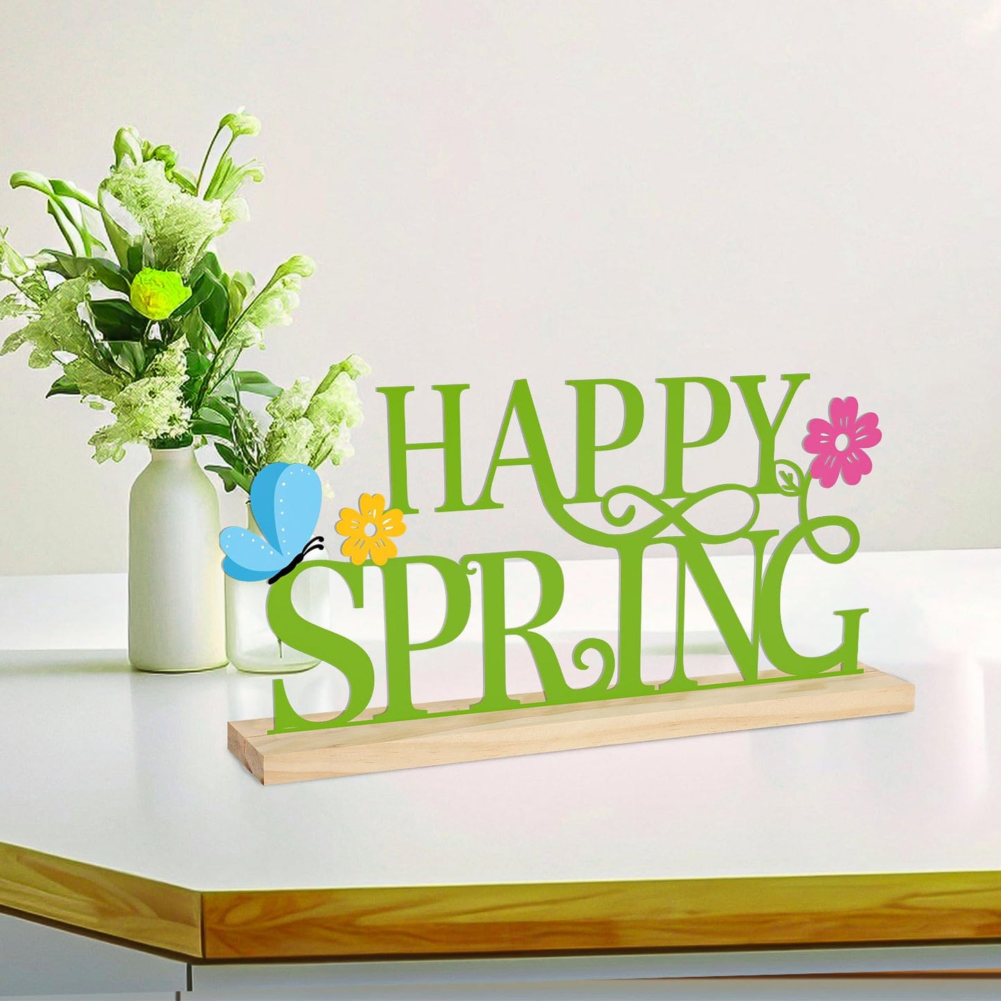 Metal Happy Spring Sign, Spring Decorations for Home, Office, Shelf, Mantel, Indoor, Spring Flower Decor, Spring Butterfly Table Top Party Decoration (Spring)