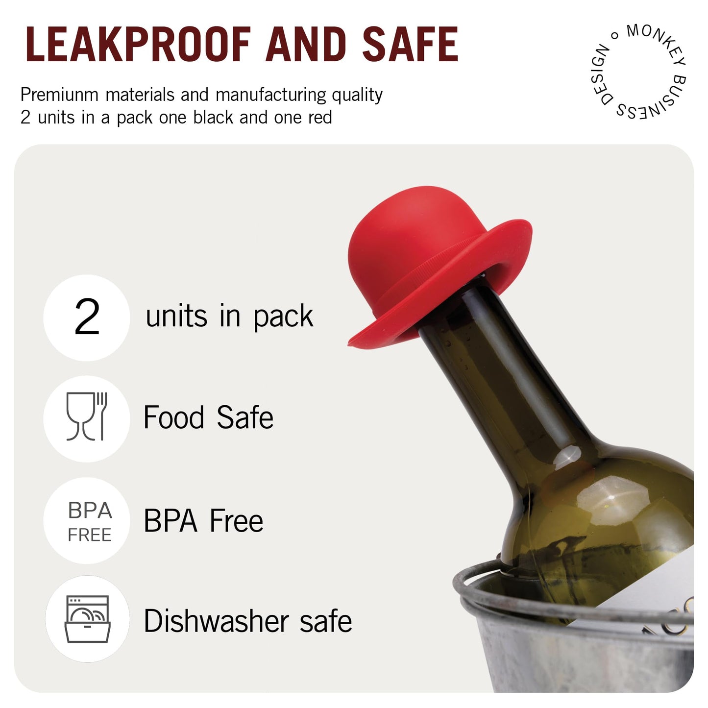 Monkey Business Silicone Wine Stopper | Seals Bottle and Keeps Wine Fresh/Cute Wine Accessories/Kitchen Gadgets/Bowler Hat Bottle Stopper (Set of 2)