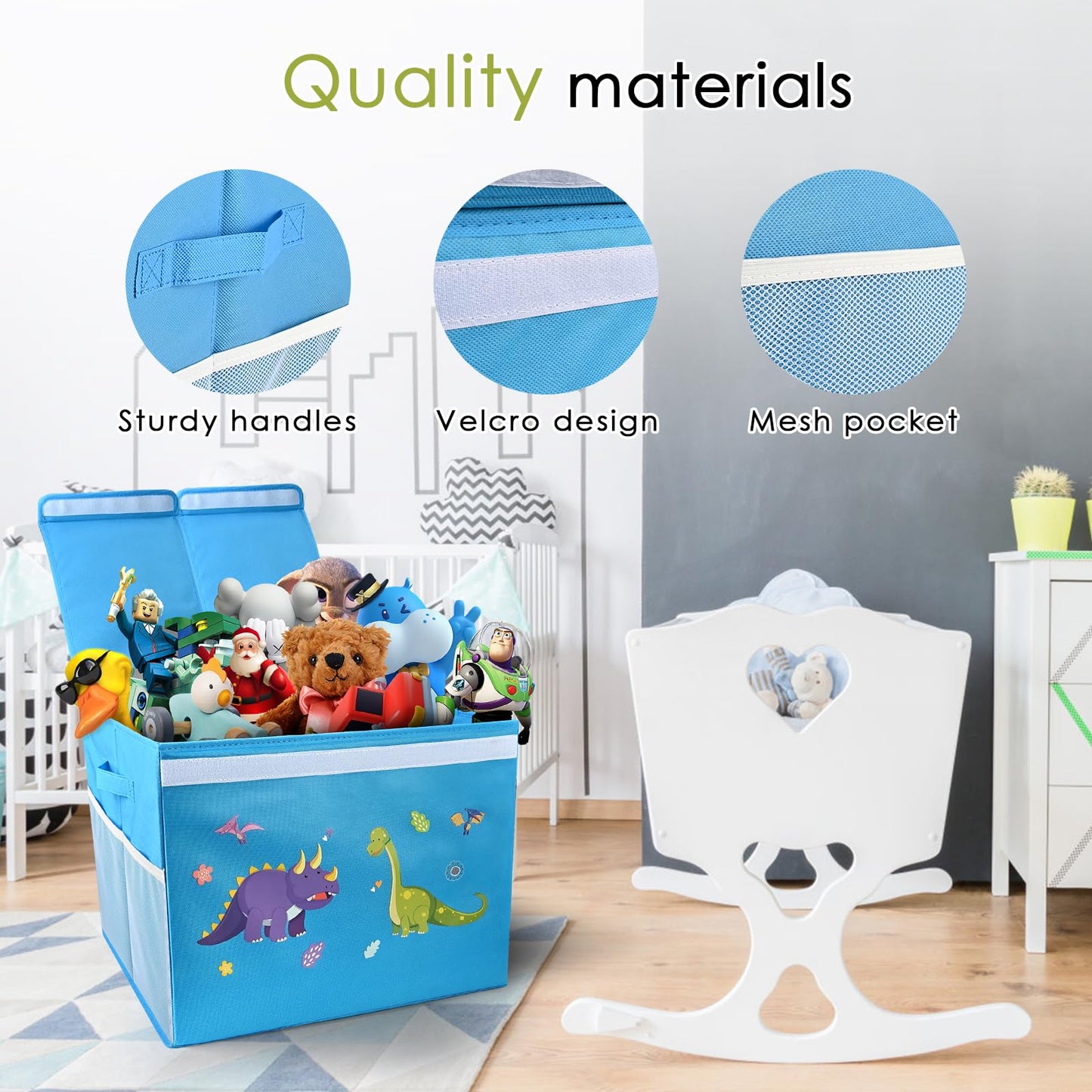 Two Pcs Toy Chest for Boys Girls 18x16x14 Inch, Baby Shark, Collapsible Dinosaur Toy Box with Lid, Blue, Kids Toy Box for Boys Girls