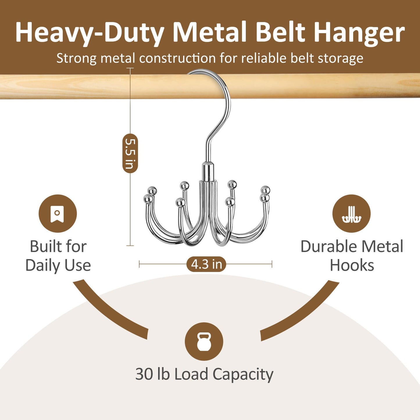 ZEDODIER Belt Organizer for Closet, Heavy-Duty Rotating Belt Hanger Rack Holds up to 24 Belts, Hanging Space Saving Metal Belt Holder for Closet Storage, Silver