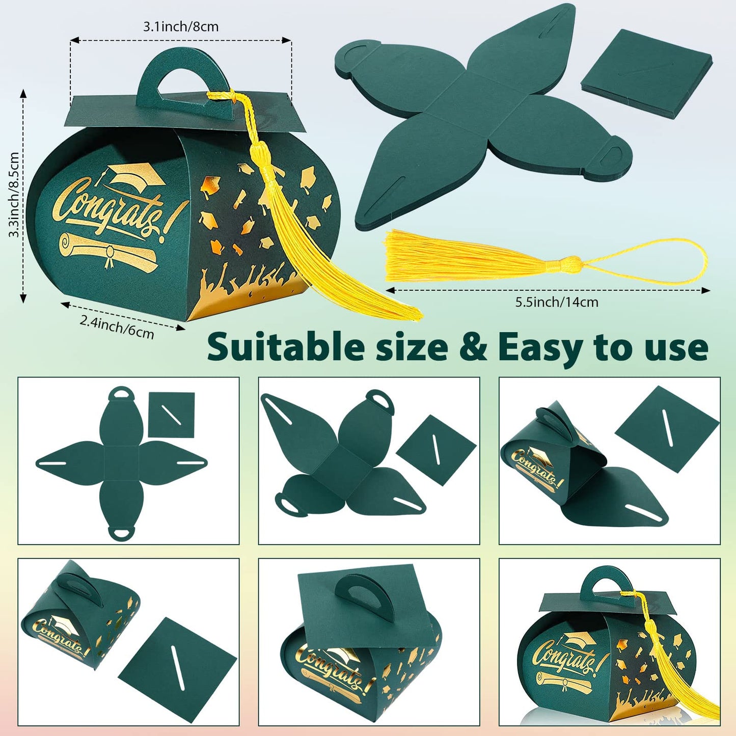 Spakon 30 Pcs Graduation Cap Gift Box Graduation Party Favors Candy Boxes Treat Box with Tassel Table Centerpieces Class of 2026 Grad Decorations(Green, Gold)