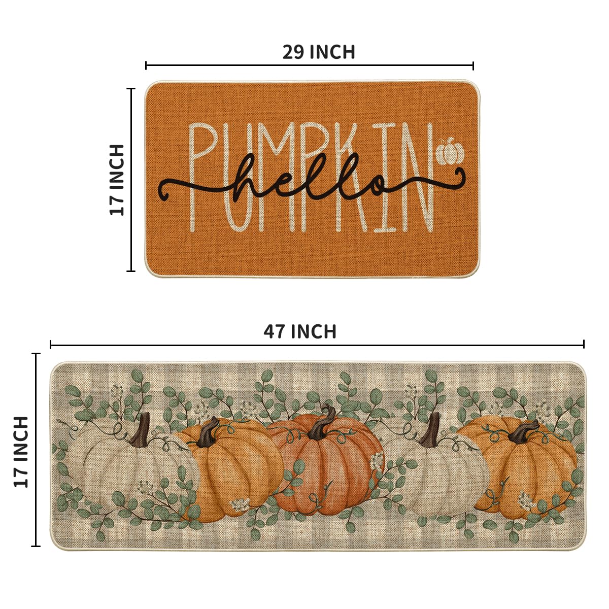Artoid Mode Orange Buffalo Plaid Hello Pumpkin Eucalyptus Fall Kitchen Mats Set of 2, Home Decor Low-Profile Kitchen Rugs for Floor - 17x29 and 17x47 Inch