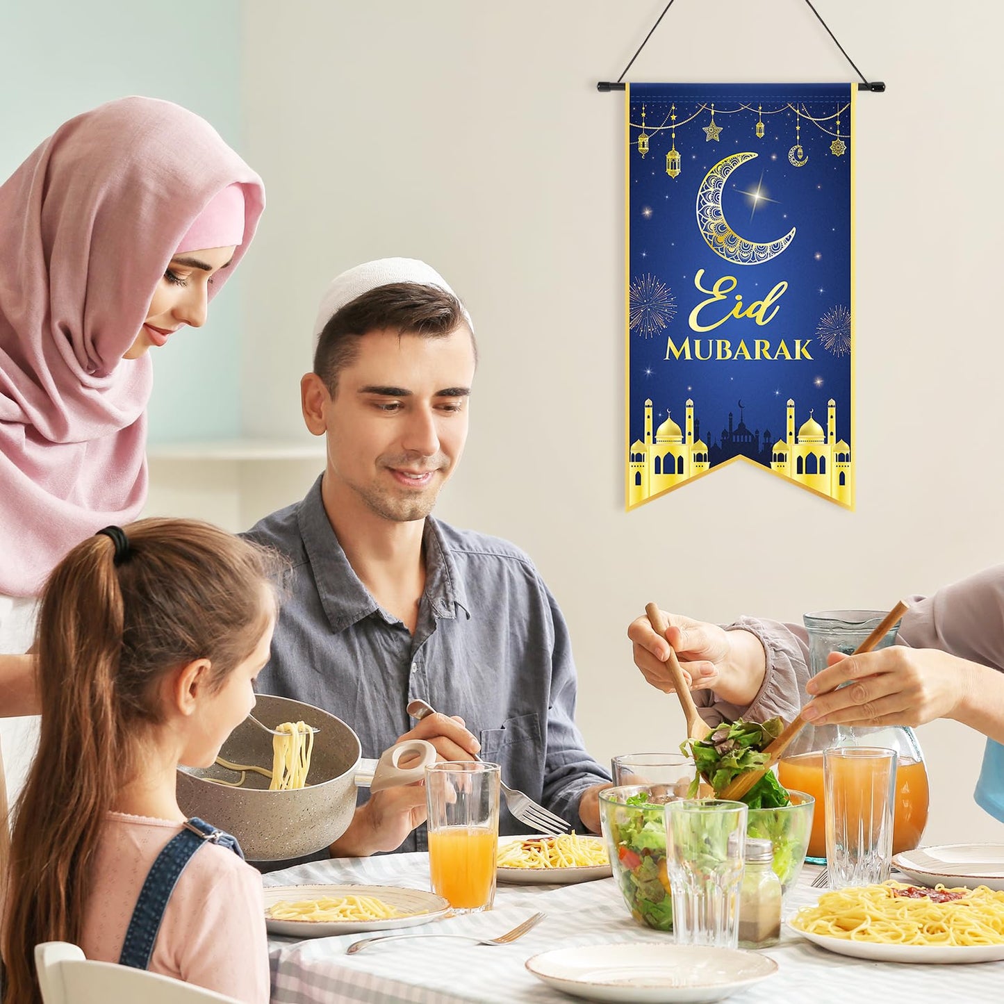 2PCS Eid Mubarak Decorations Ramadan Kareem Hanging Door Sign Ramadan Mubarak Banner Party Decorations Welcome Wall Banner for Party Supplies