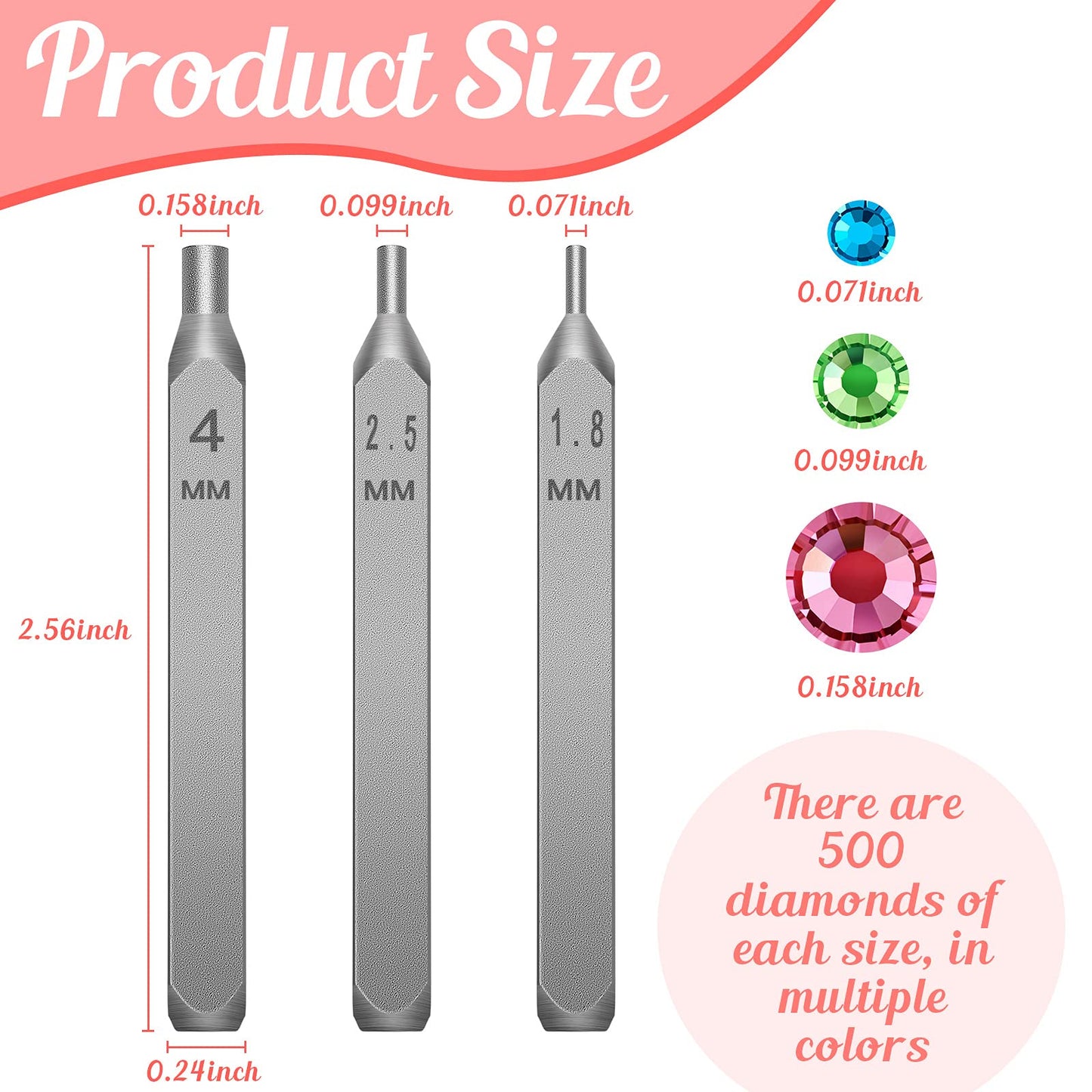 Flat Back Crystals Setter Metal Stamping Punches Kit Includes 3 Pieces Jewelry Metal Stamping Tool for DIY, 1.8 mm, 2.5 mm, 4 mm and 1500 Pieces Multi Colored Rhinestones Crystals