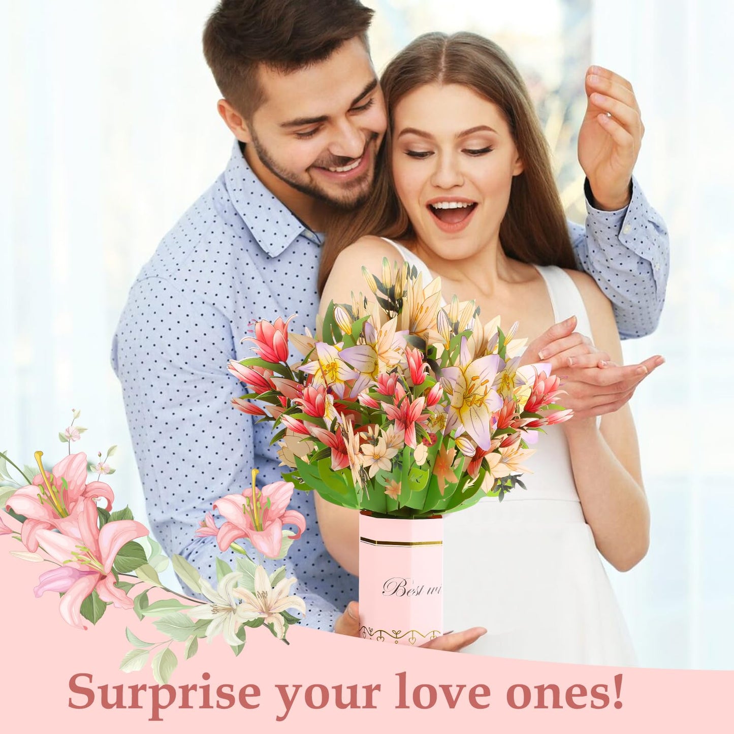 3 Pack Paper Flower Pop Up Cards,Forever Bouquet 3D Popup Paper Greeting Cards with Note Cards and Envelopes for all occasion,Mother's Day Gift,Birthday,Valentine,Christmas(Cherry Blossoms+Lily+Rose)