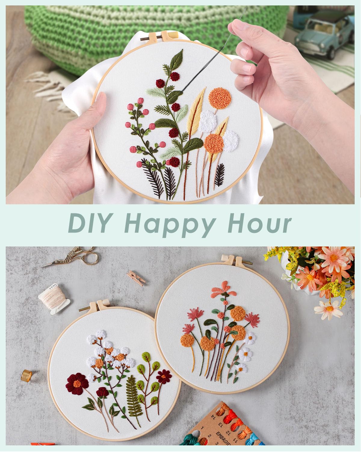 4 Sets Embroidery Kit for Beginners,Hummingbird and Flower Cross Stitch Set for Include Embroidery Cloth Hoops Threads for Craft Lover Hand Stitch (Flowers and Plants)