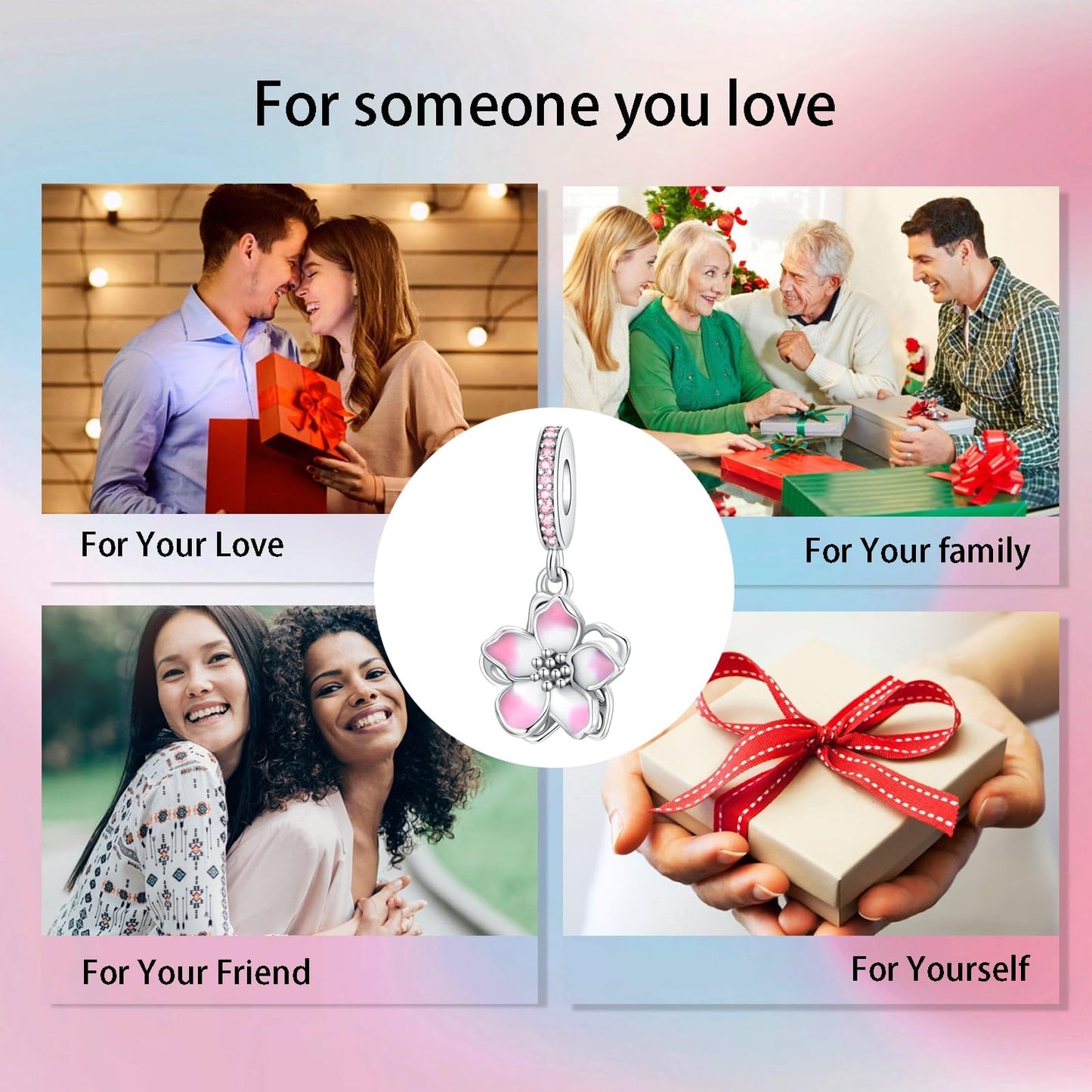 Alstade Pink Cherry Blossom Charm 925 Sterling Silver Charms fits Bracelets and Necklace Pendant Bead Charms Jewelry Present for Women Family Friends