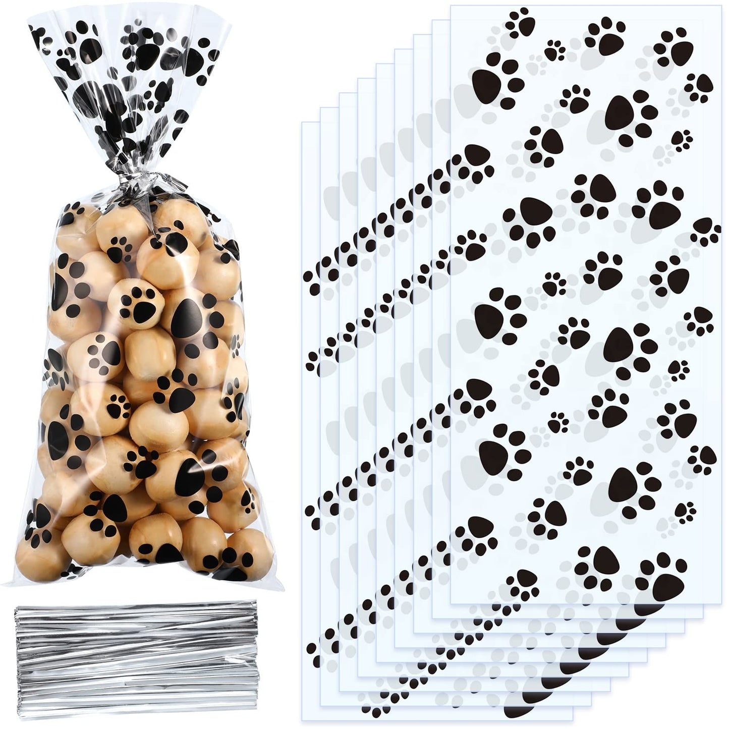 Blulu 200 Pcs Pet Paw Print Cellophane Bags Dog Party Favor Bags Heat Sealable Treat Bags Dog Paw Gift Bags Cat Candy Bags with 200 Pieces Silver Twist Ties for Pet Treat Party Favor (Black)