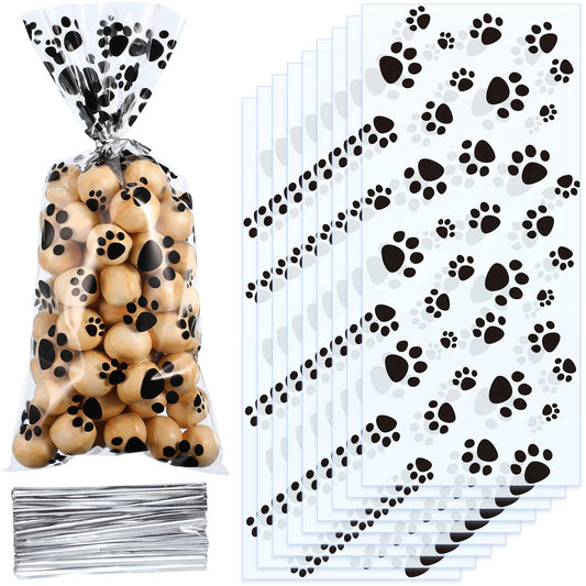 Blulu 200 Pcs Pet Paw Print Cellophane Bags Dog Party Favor Bags Heat Sealable Treat Bags Dog Paw Gift Bags Cat Candy Bags with 200 Pieces Silver Twist Ties for Pet Treat Party Favor (Black)