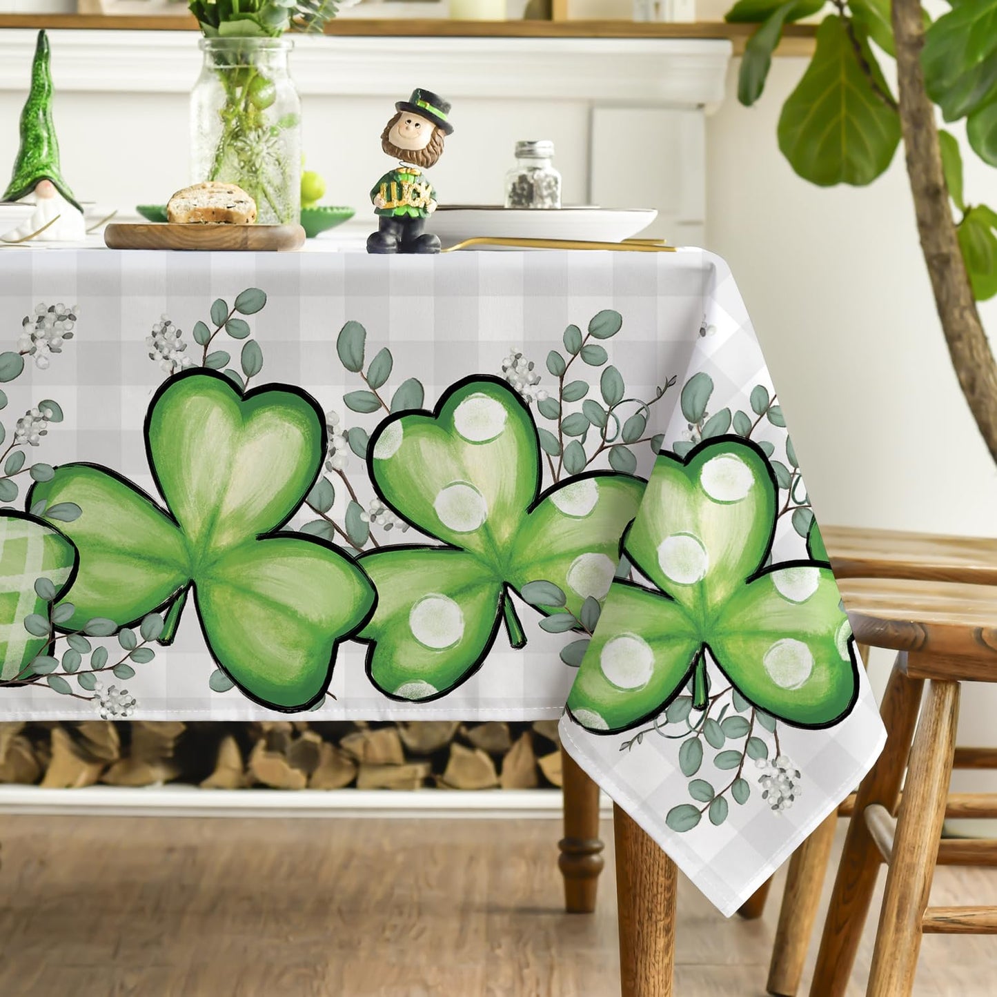 St. Patrick's Day Rectangular Tablecloth 60×84 Inch, Buffalo Plaid Shamrock Eucalyptus Washable Table Cover for Party Picnic Dinner Decor