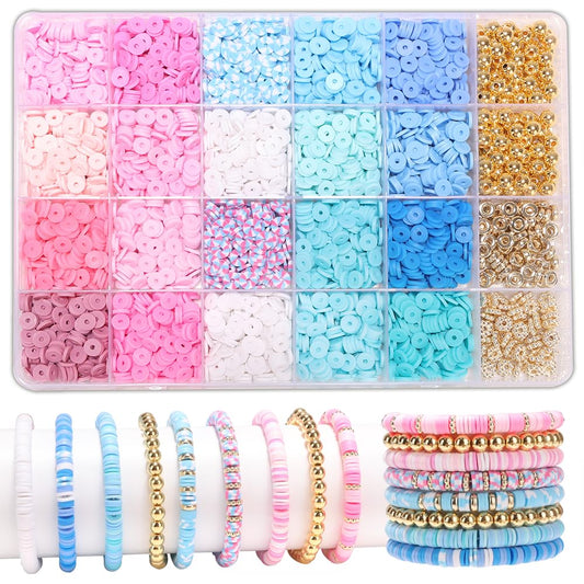 Blue Clay Bead Bracelet Kit DIY Jewelry Making Kit Clay Beads Bracelet Making Kit, Flat Preppy Beads for Friendship Bracelets, Polymer Clay Beads Crafts Gifts