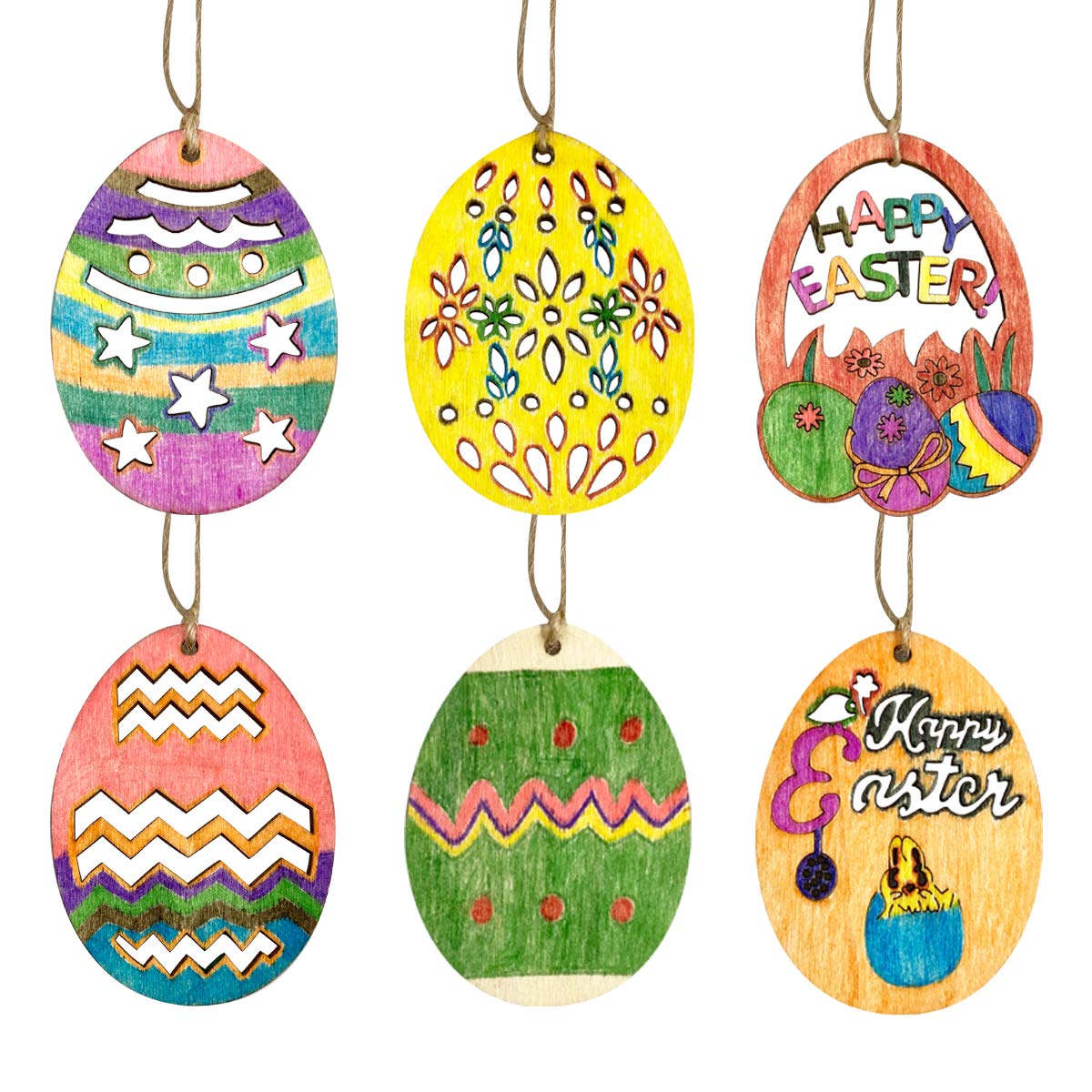 30 PCS Easter Wooden Hanging Ornaments Unfinished Wood Slices Eggs Easter Crafts for Kids DIY Decorations Party Supplies