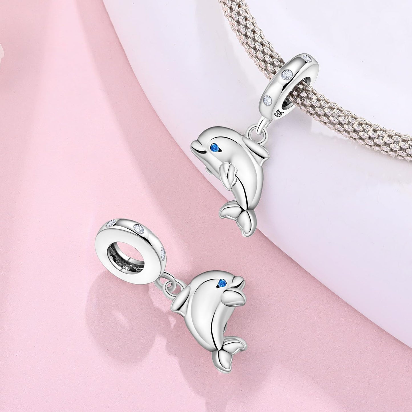 NUJIFFY 925 Sterling Silver Charms Beads for Bracelets Necklaces, Airplane Passport Sister Heart Coffee Music Book Travel Pendant, Pink Color Cute Animal Jewelry Graduation Birth Gifts for Women Men (Dolphin Charms)