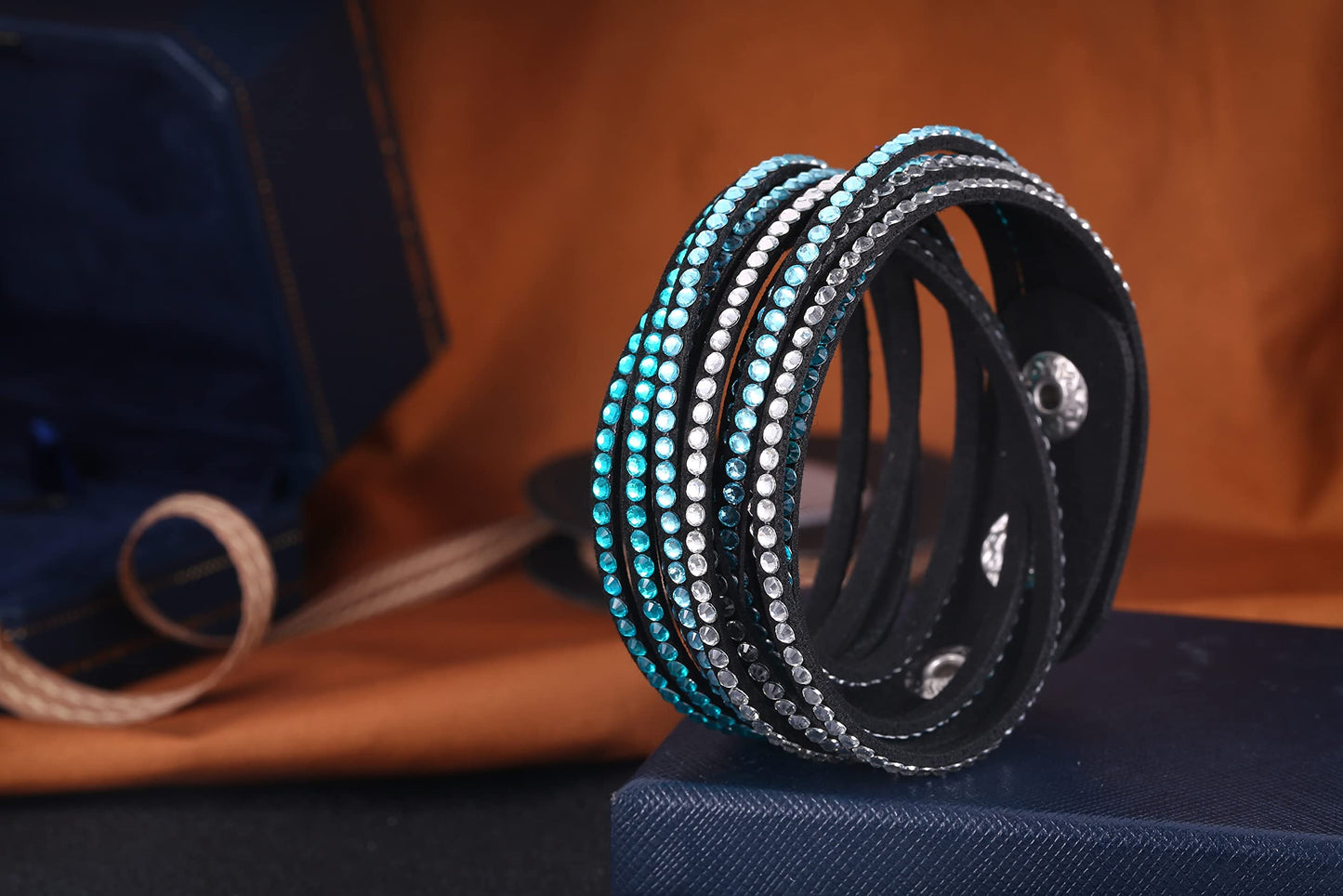 Barzel Leather Created Austrian Crystals Wrap Bracelets (Black with Blue & White Stones)