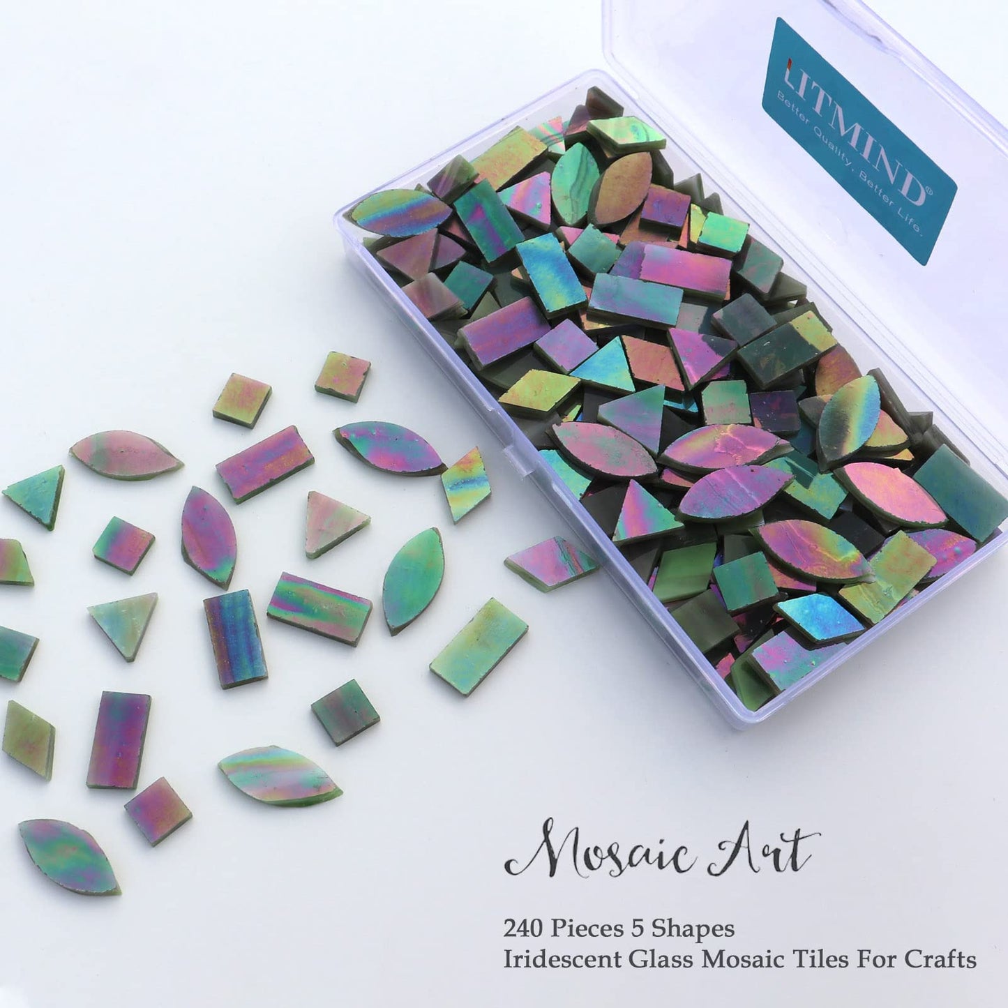 LITMIND Iridescent Glass Mosaic Tiles for Crafts, 240 Pieces 5 Shapes Mixed Stained Glass Pieces, Mosaic Kits for Adults (Iridescent LawnGreen)