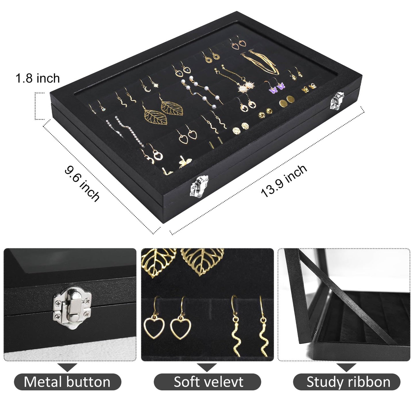 Bivisen Earring Organizer Tray, Jewelry Tray with Lid, Earring Storage Box, and Jewelry Display Case, Keep Your Earrings Organized and Secure with This Stylish and Functional Earring Tray (Black)