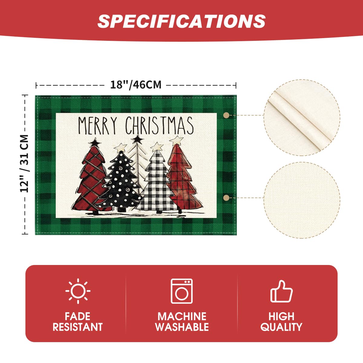 Artoid Mode Waterclor Green Buffalo Plaid Christmas Trees Placemats Set of 6, 12x18 Inch Winter Table Mats for Outdoor Home Party Kitchen Dining Decor