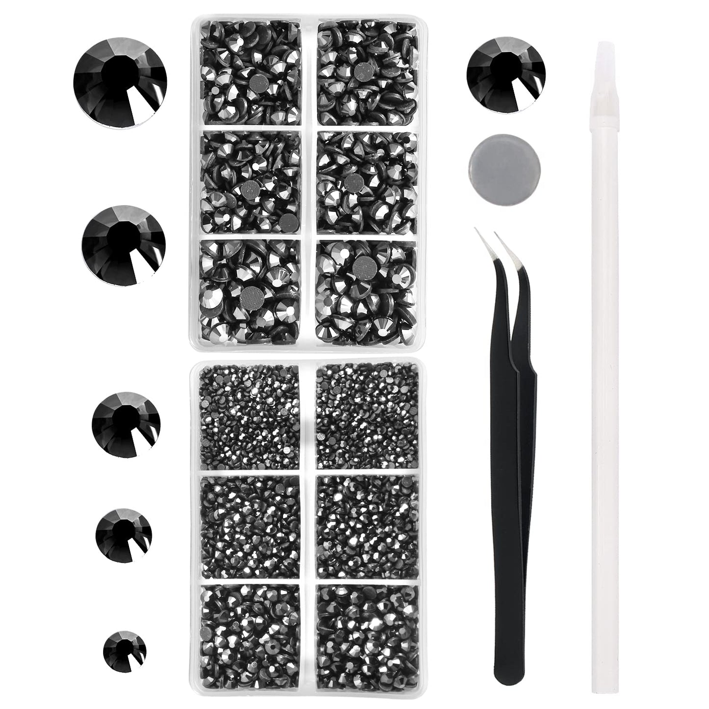 MEIBITE 6796PCS Shiny Black Hotfix Rhinestones Crystal Stones Glass for Fabric Clothes Shirts Sparkly Flat Back Round with Tweezers and Picking Pen (SS6~SS30 Set)