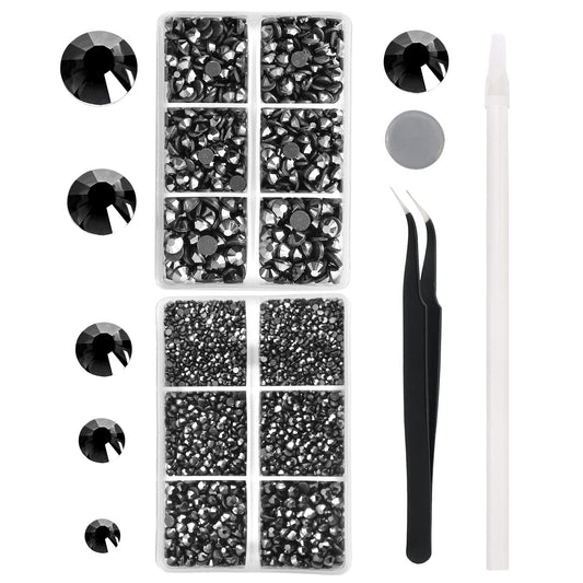 MEIBITE 6796PCS Shiny Black Hotfix Rhinestones Crystal Stones Glass for Fabric Clothes Shirts Sparkly Flat Back Round with Tweezers and Picking Pen (SS6~SS30 Set)