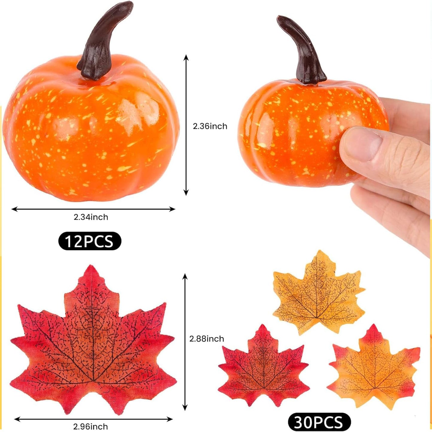 DomeStar 42 PCS Artificial Pumpkins Sets, 12PCS Mini Fake Pumpkins with 30PCS Lifelike Maple Leaves Faux Pumpkins for Decorating Fall Harvest Garland Halloween DIY for Crafts Thanksgiving Decorations