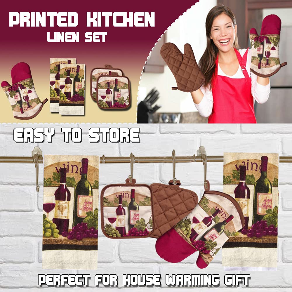 Lobyn Value Packs - Wine Lover’s Kitchen Set: 5 Pieces with Grape & Wine Bottle Motif, includes 2 Artistic Dish Towels, Oven Mitt, and 2 Quilted Potholders
