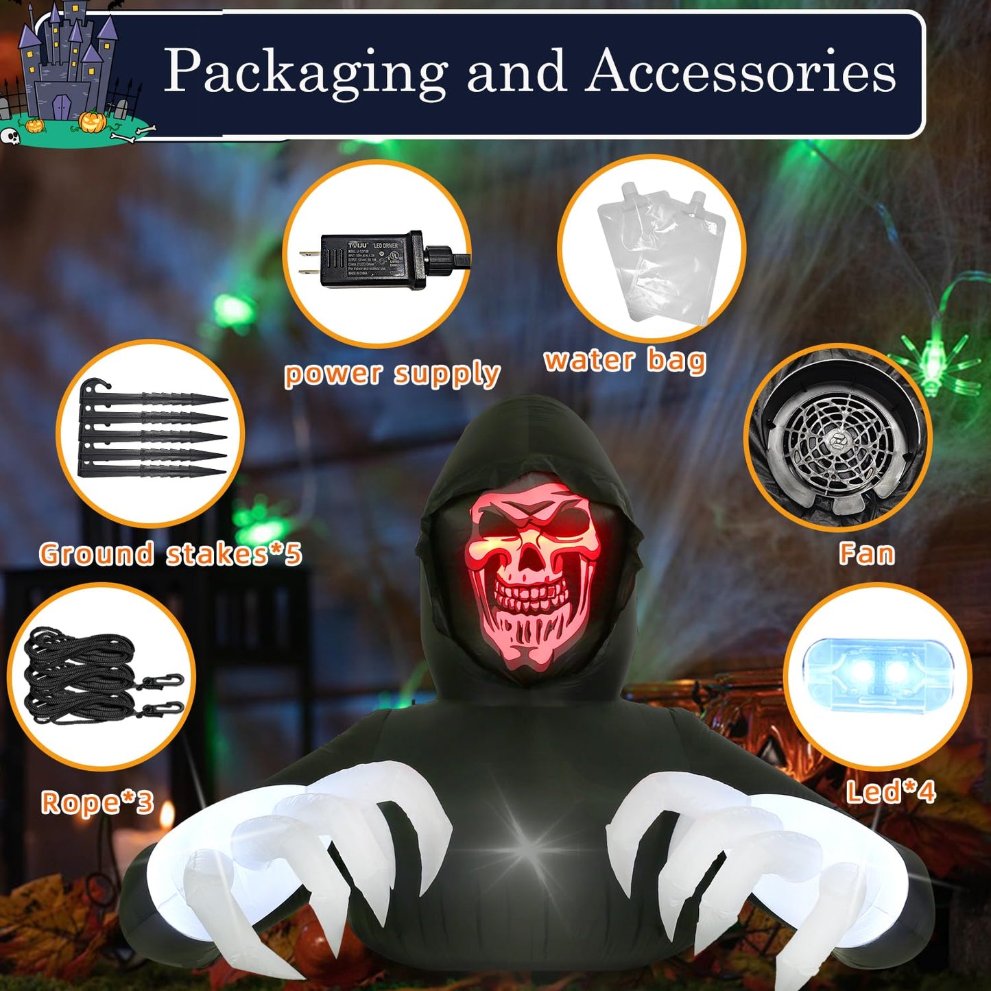 8FT Width Inflatables Grim Reaper Outdoor Halloween Decoration Blow Up for Yard Decorations, Garden, Lawn Black