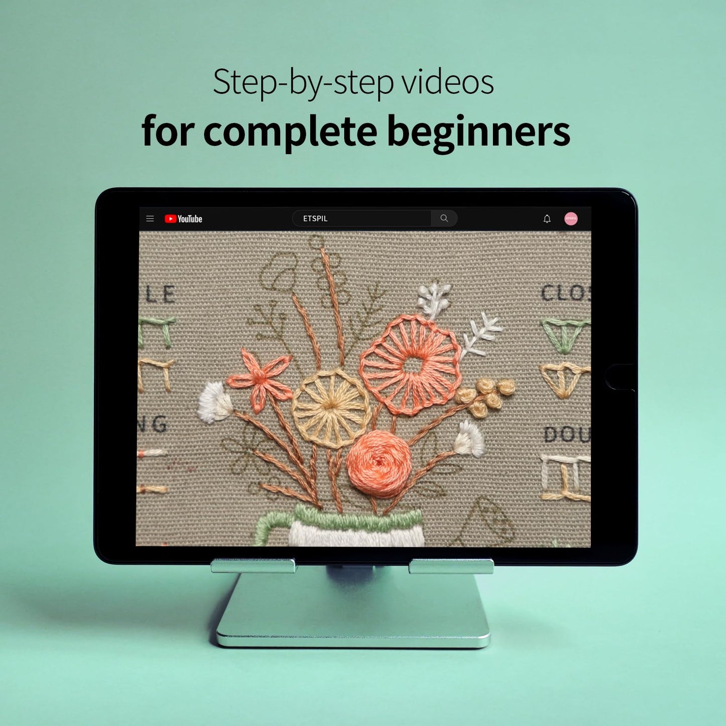 ETSPIL Embroidery Kit for Beginners, 4 Floral Patterns, Learn 33 Stitches, Pre-Printed Fabric, 7.8-Inch Hoop, Colored Threads and Needles, Easy Video Guide, DIY Hand Sewing Gift for Adults and Teens