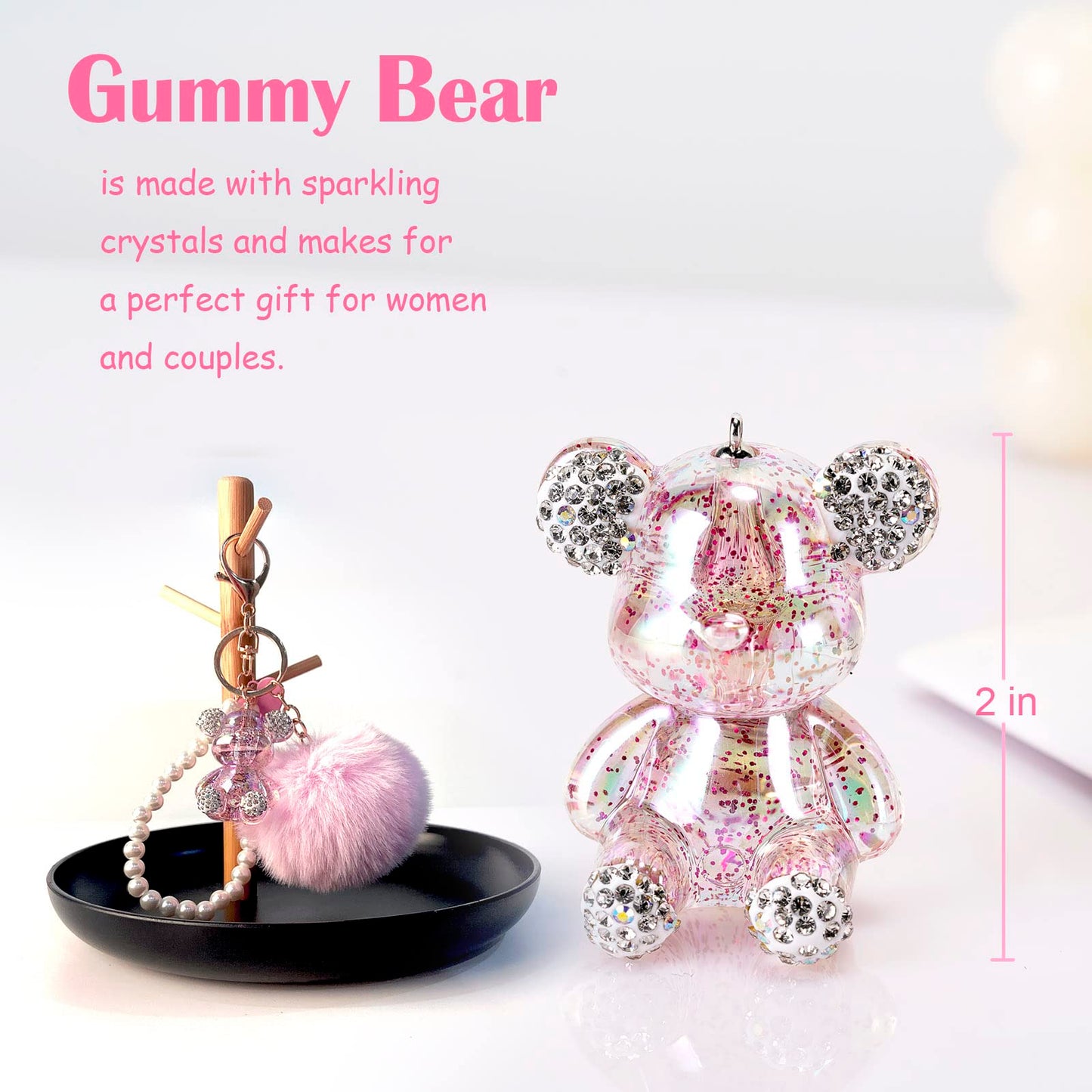 YOU WIZV Cute Pink Bear Keychain for Women with Puff Ball Purse Charms, Girls Bling Key Chains for Car Keys, Backpack, Purse Accessories, Pink Pom Pom Keychain