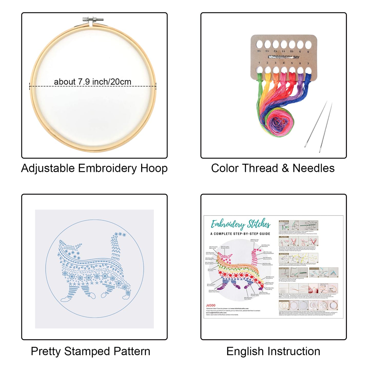 Embroidery Kits for Beginners Adults,Cat Stamped Pattern Practice for Starters,Cross Stitch Kit Including Hoop,Cloth,Needles, Instruction and Threads