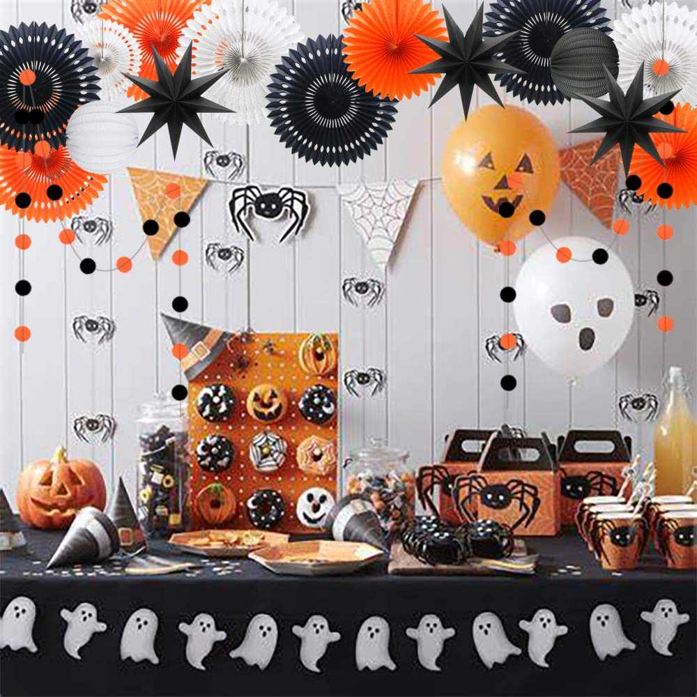 Orange White Black Halloween Decorations, Hanging Tissue Paper Fans Circle Garland Paper Lanterns for Graduation Wedding Anniversary Birthday Backdrop Decor