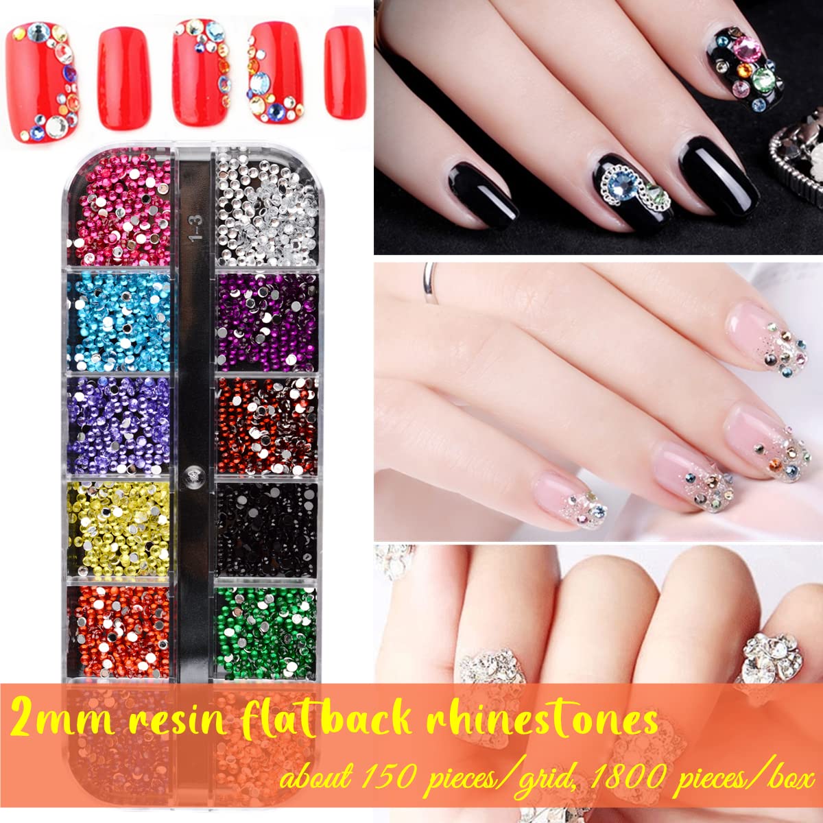 editTime 5000 Pieces (5 Boxes) Shiny Colorful Nail Art Rhinestones Nail Stone Gems Design Kit and 4 sheets flower nail art stickers with a Curved Tweezers and a Nail Brush (multicolor)