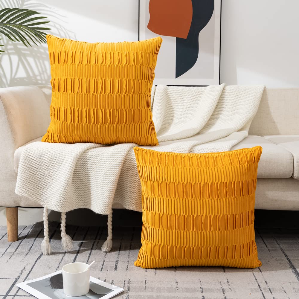 ETASOP Fall Throw Pillow Cases, Set of 2 Striped Yellow Cushion Cases Velvet Pillow Covers for Farmhouse Home Decor, 16x16 Inch