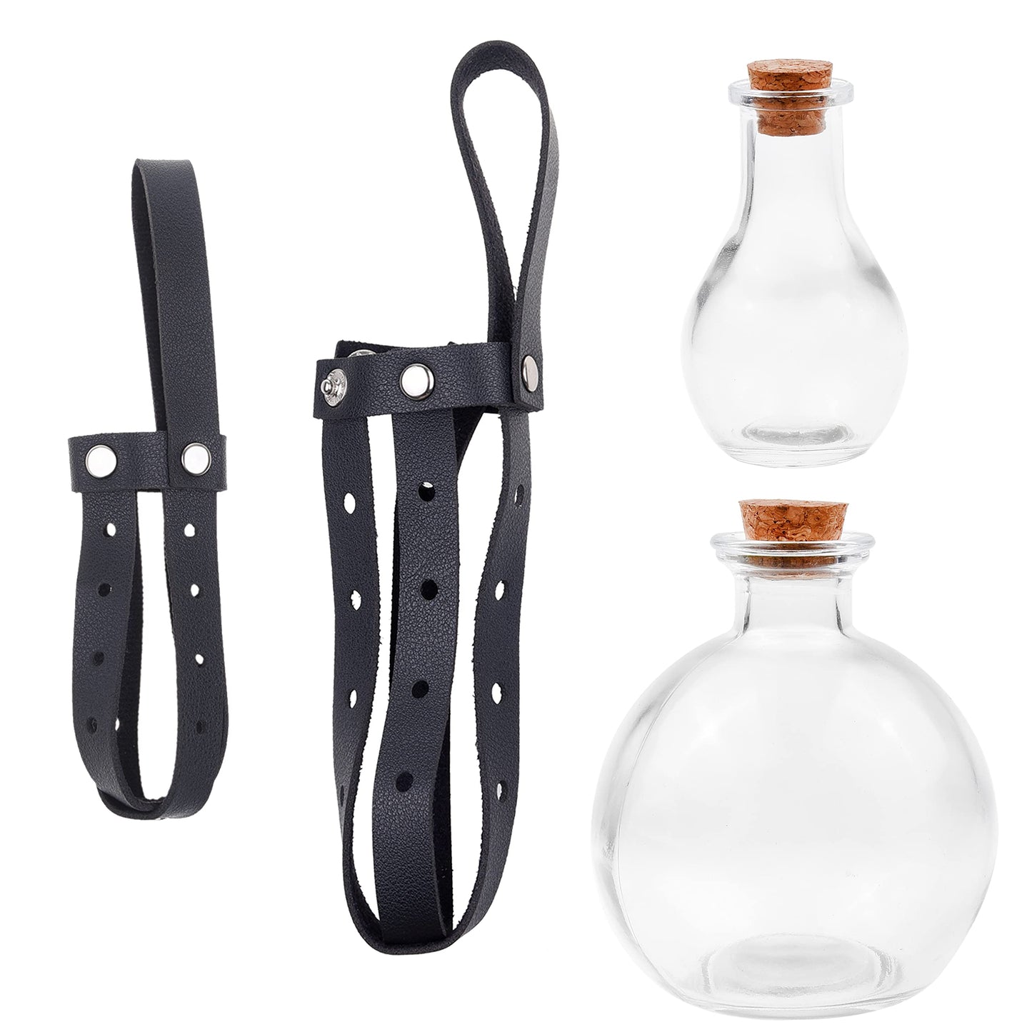 Eco-Fused Cosplay Potion Bottle 2x (Big/Small) - Clear Spherical Cosplay, Wizard, Witch Costume Accessory - Incl. Cork Stopper, Black Faux Leather Sleeve Holder, Belt Loop