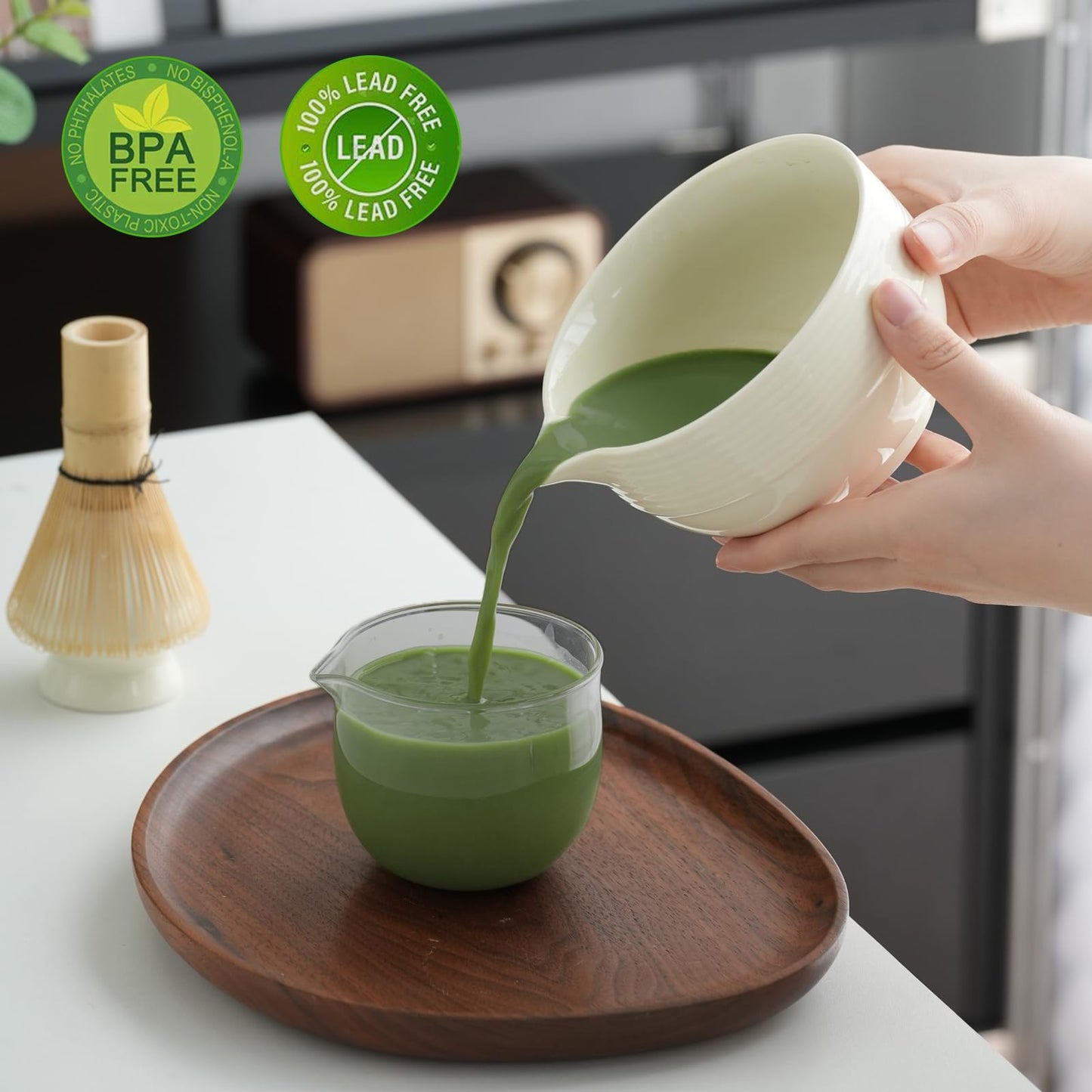 Matcha Whisk Set, Ceramic Matcha Set, Matcha Bowl with Spout and Whisk,9 pcs Matcha Tea Kit for Matcha Lovers, Ideal Gift Christmas, Birthday（Beige）