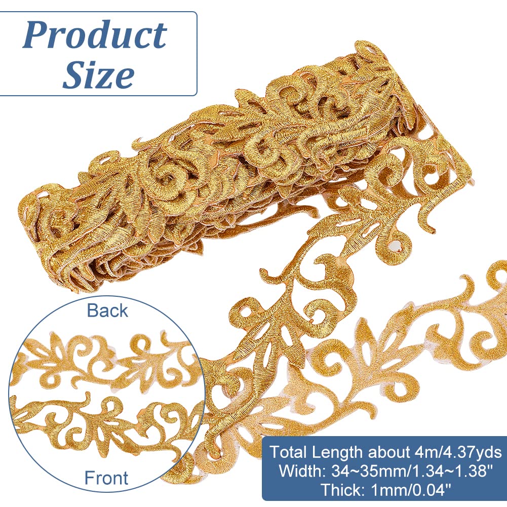 4.37 Yards Gold Embroidery Polyester Ribbons, 1.3 Inch Wide Adhesive Goldenrod Lace Trim Iron on Metallic Flower Lace for Sewing Costumes Gowns Home Decor Garment Accessories