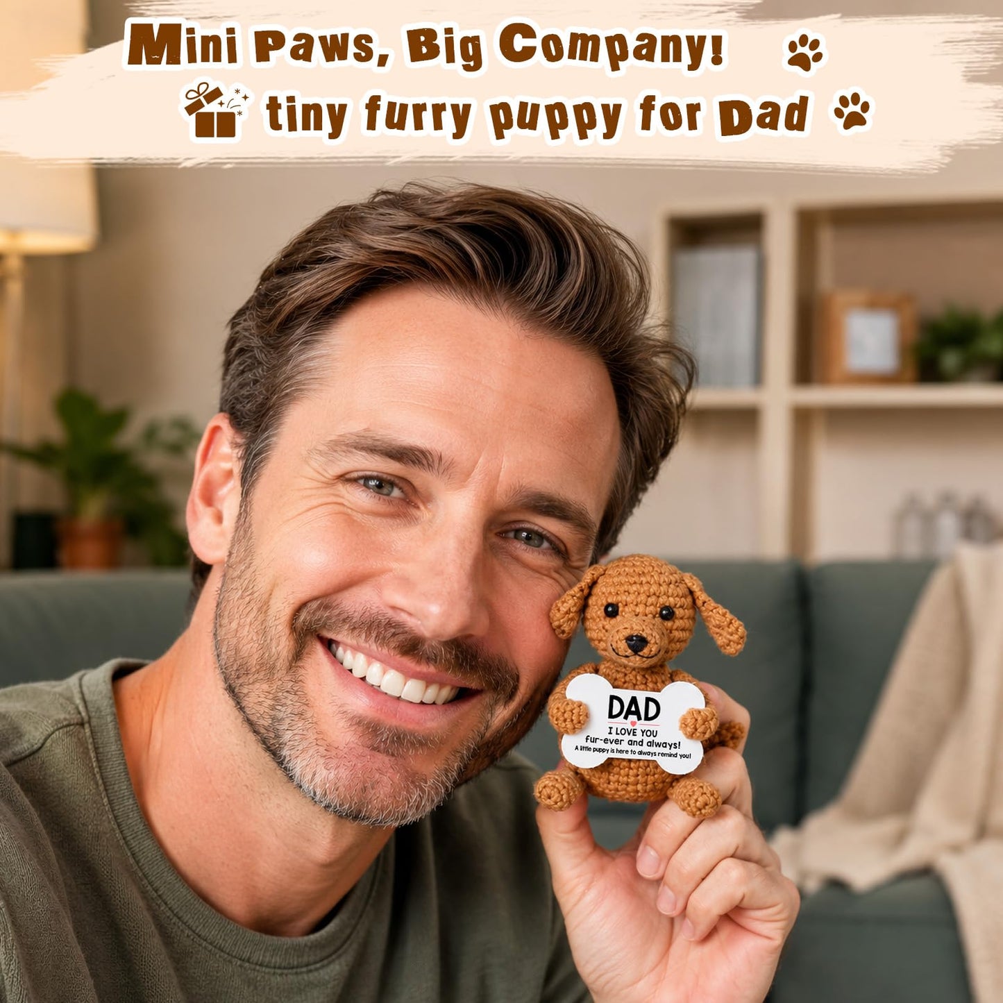 Funny Fathers Day Dad Gifts from Daughter Son, First New Bonus Step Dad Father’s Day Birthday Gifts from Kids Wife, Personalized Unique Daddy Presents Cool Stuff Cute Things, Small Happy Crochet Dog