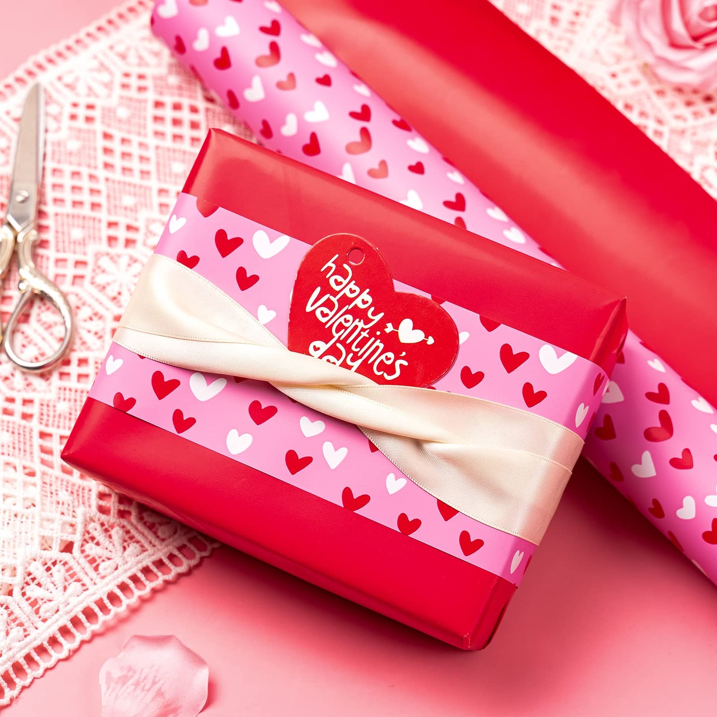 Reversible Valentine's Day Wrapping Paper - Mini Roll - 17 Inch X 33 Feet - Pink and Red Heart Design for Valentine's Day, Anniversary, Birthday, Wedding, Baby Shower