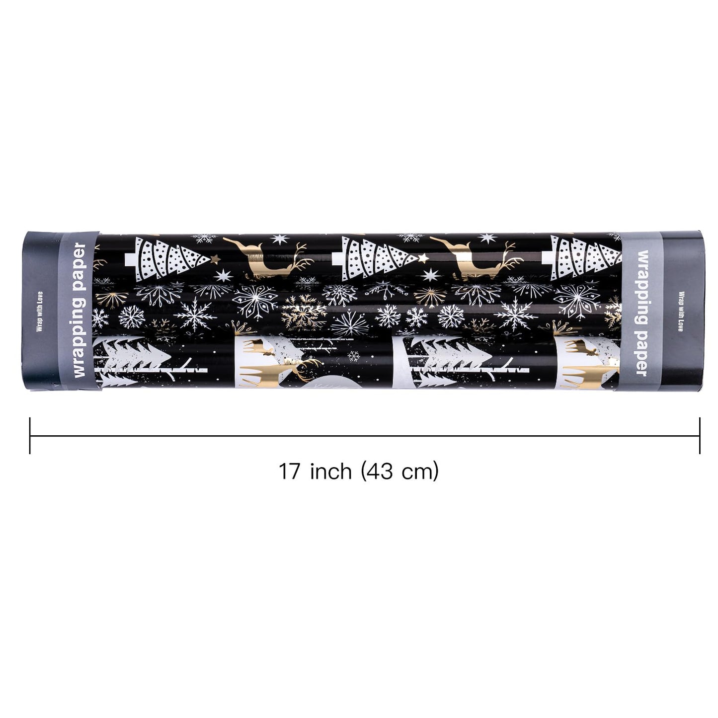 Christmas Wrapping Paper Roll - Mini Roll - 3 Rolls - 17 Inch X 120 Inch Per Roll - Black and Gold Reindeer Family, Snowflake Holiday Collection with Metallic Foil Shine