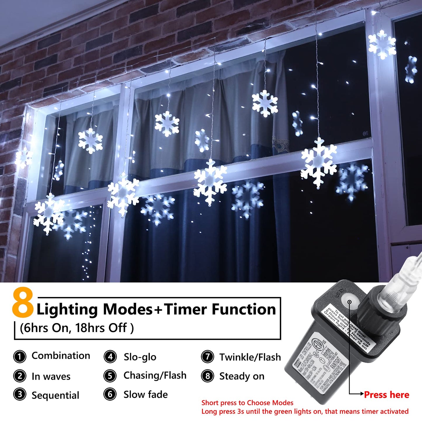 Christmas Snowflake Lights Outdoor, 17.22ft 264 LED Snowflake Icicle Lights with 22 Drops, Connectable, 8 Modes Waterproof White Christmas Light for Curtain, Eaves, Window, Xmas Decorations