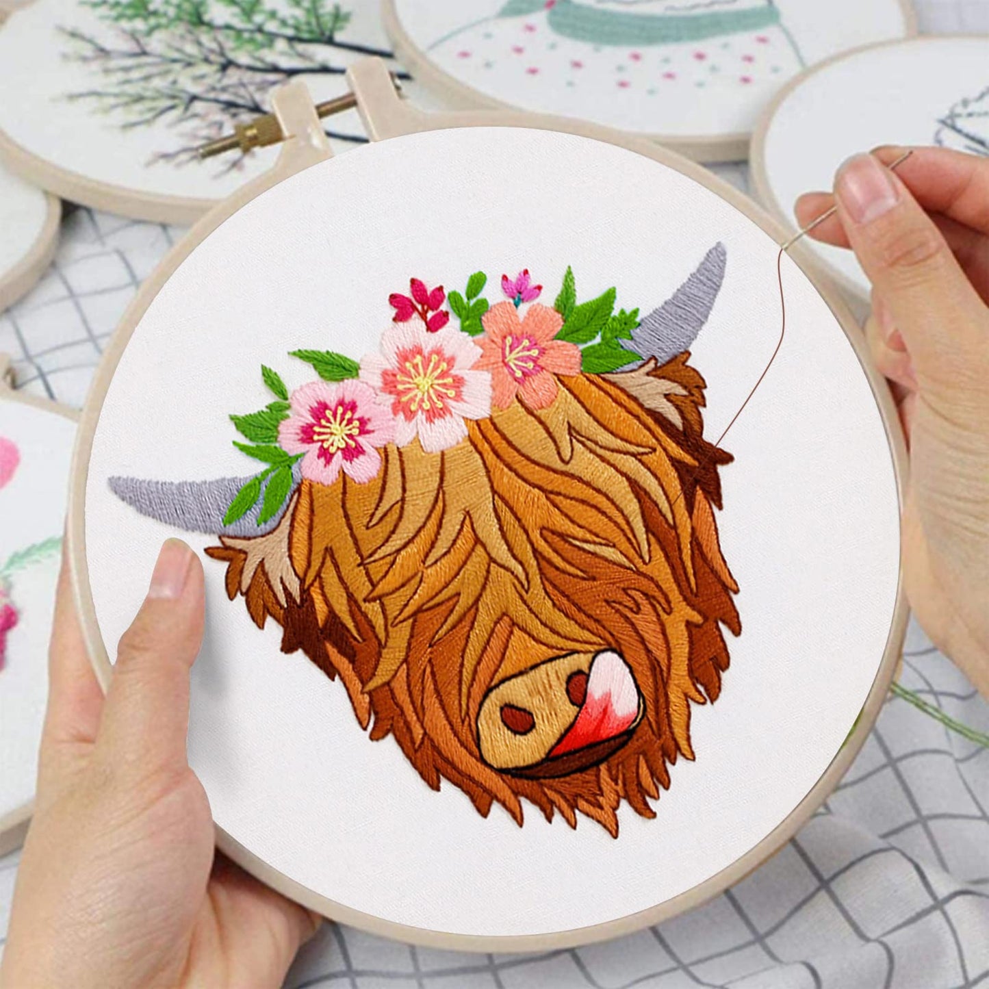 Louise Maelys Highland Cow Stamped Embroidery Kits for Beginners, Cross Stitch kit for Adults Include Instruction,Cloth,Hoop, Needles, Color Threads