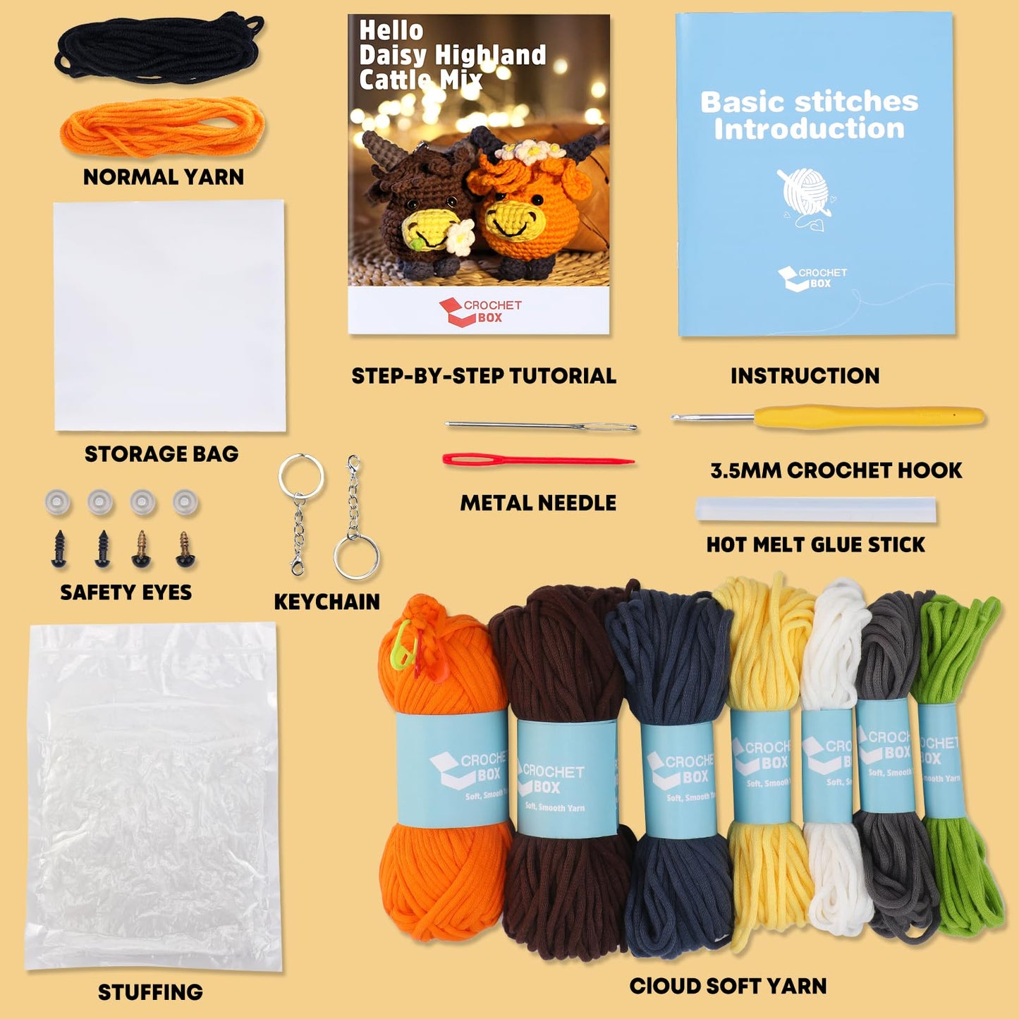 Crochet Kit for Beginners - 2 PCS Highland Cow Keychain Crochet Kit, Learn to Crochet, Include Easy Knitting Yarn, Step-by-Step Video Tutorial, Hook, Holiday Birthday Gift for Adults