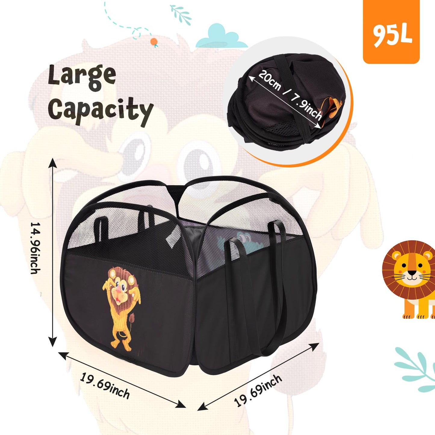 YOHOOLYO 95L Toy Storage Basket Box Chest for Boys Baby Toddler Kids, Collapsible Pop Up Large Mesh Toy Organizer Bin with Handles for Living Room Area, Playroom, Closet (Dinosaur&Lion)