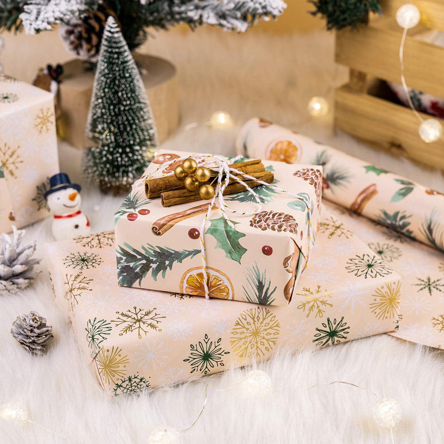 RUSPEPA Reversible Wrapping Paper Roll - Mini Roll - Christmas Gingerbread and Snowflake Pattern Great for Christmas, Party, Holiday - 17.5 Inches X 32.8 Feet