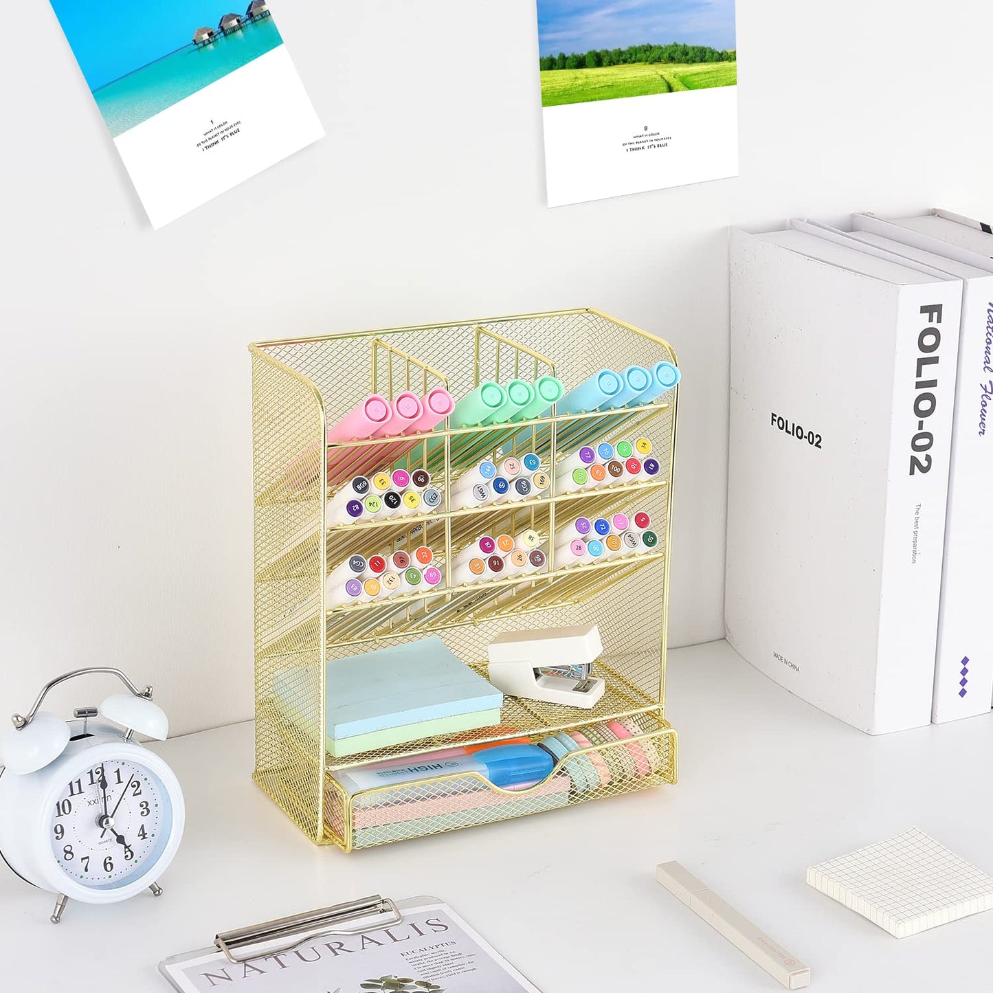 Spacrea Mesh Pen Organizer - Pencil Holder for Desk, Desk Organizer with Drawer for School, Home, Art Supplies (Gold)