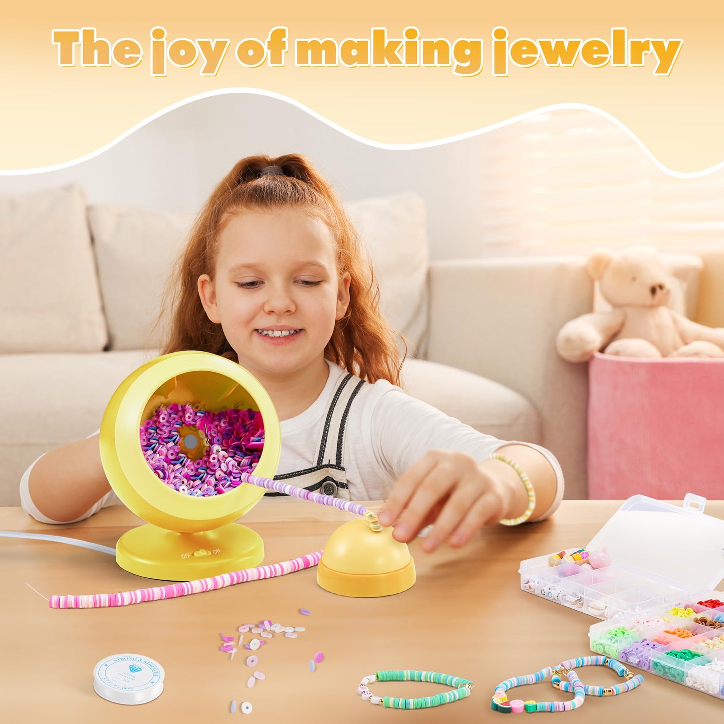 ETUDAW Bead Spinner, Clay Beads and Electric Bracelet Maker with Needles and Thread for Bracelets, Necklace, Charms, DIY Birthday Gifts(Yellow)